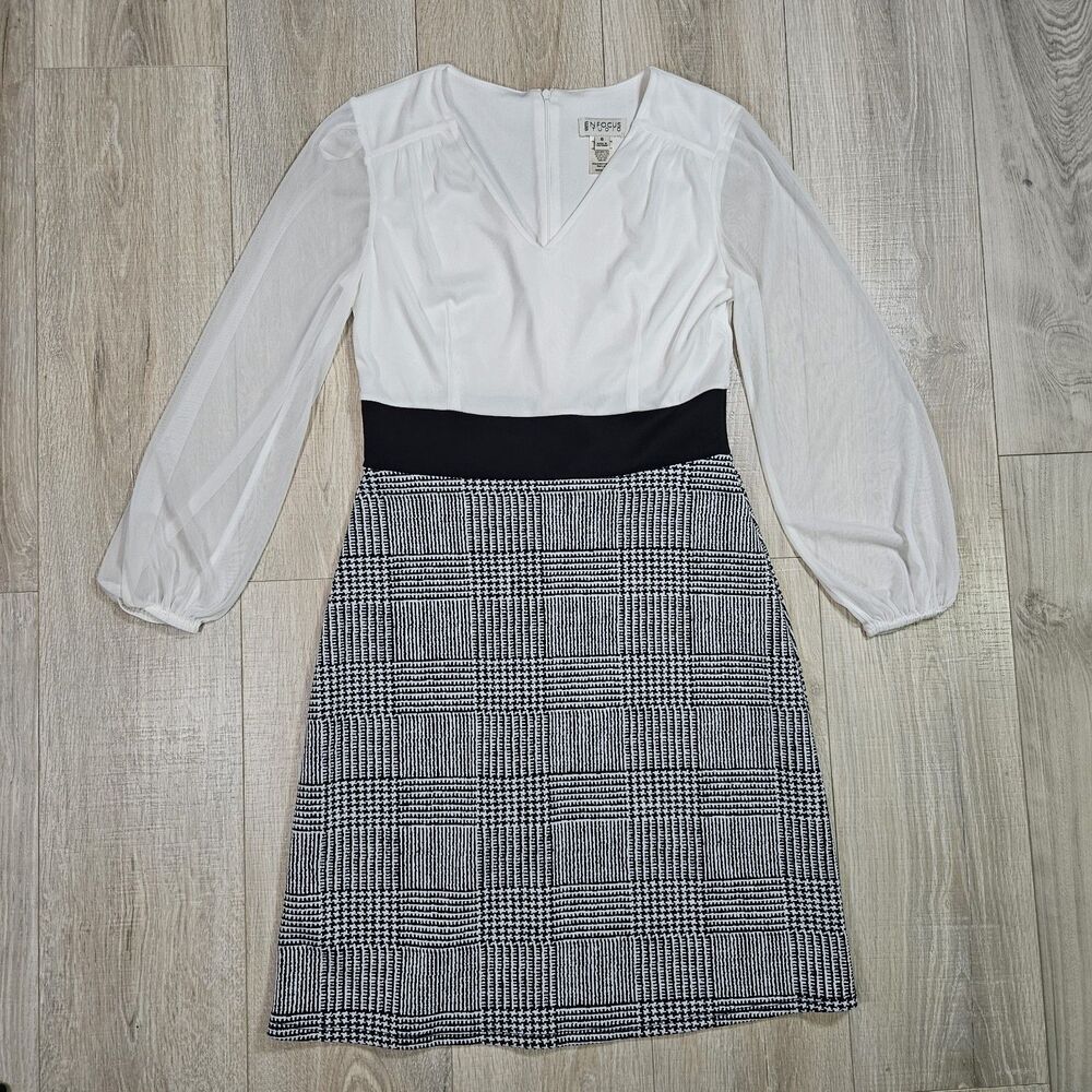 En Focus Studio Women's Sheath Dress 14 Houndstooth V-Neck Long Sleeve Knit